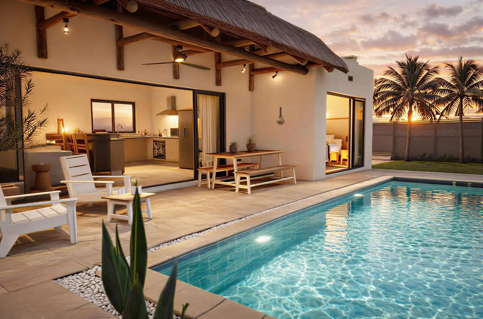 Villa terrace and private pool at sunset at AUREA Grand Gaube