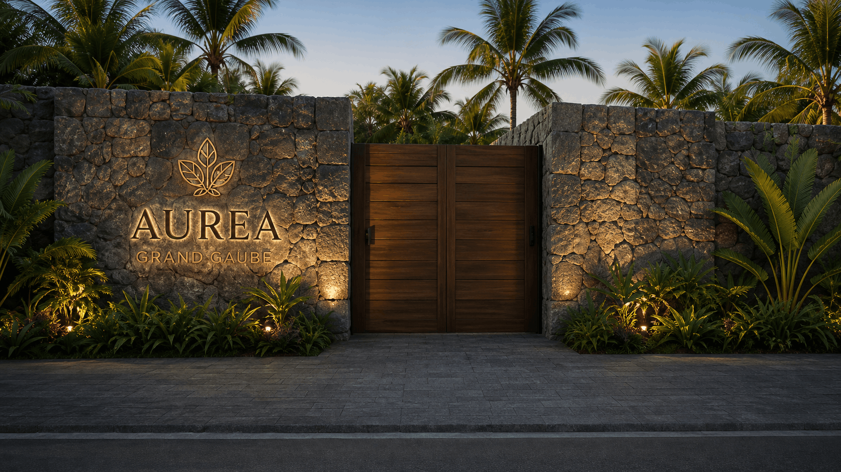 AUREA Grand Gaube stone entrance gate with illuminated logo