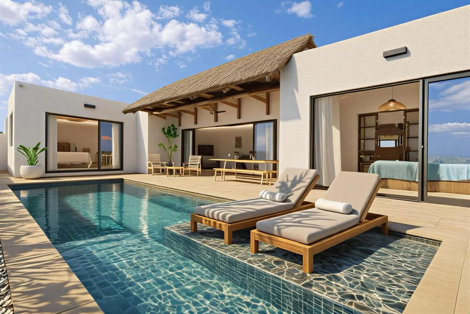 Private pool and sun loungers at an AUREA Grand Gaube villa
